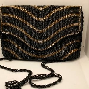 La Regale Vintage Black and Gold Beaded Purse